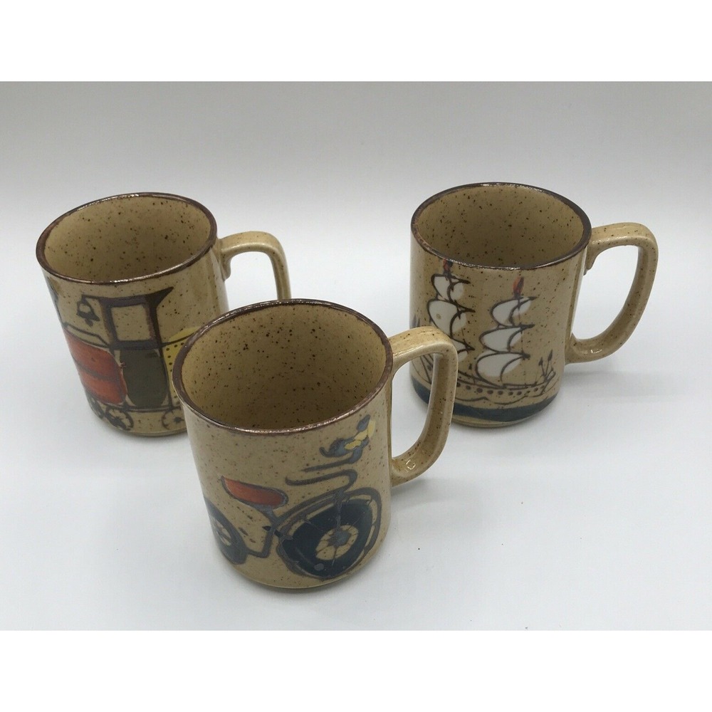 Bicycle, Ship & Train Mugs‎ Japan Speckled Stoneware Embossed, set of 3
